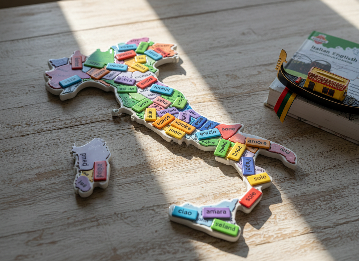 A glossy white ceramic plate in the shape of Italy’s map, placed on a rustic light-wood table, each region filled not with food but with small, colorful magnetic tiles printed with Italian words like “ciao”, “grazie”, and “veloce”. A compact, brightly colored Italian dictionary lies slightly open nearby, with a playful bookmark peeking out. Sunlight from a nearby window creates a bright, cheerful patch of light across the center of the plate, leaving the edges in softer shadow. Photographic realism with a slightly elevated, three-quarter angle emphasizes the contours of the plate and the texture of the magnets. The mood is whimsical and educational, turning geography into a fun visual reminder that the whole country is your Italian classroom.