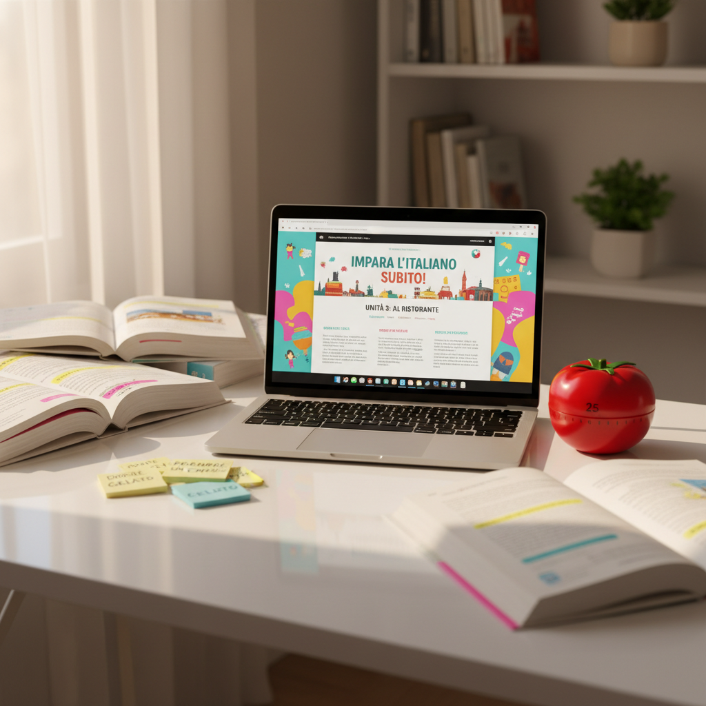 An inviting study nook featuring a slim modern laptop displaying a colorful Italian lesson on-screen, surrounded by open Italian textbooks with highlighted phrases, a small stack of vocabulary sticky notes, and a cheerful tomato-shaped kitchen timer set for a study session. The desk surface is white and glossy, reflecting a bit of color from the materials. Warm, diffused afternoon light filters in from the left, casting soft, playful shadows and a cozy glow over the scene. Captured at eye level in photographic realism, the composition follows the rule of thirds, with the laptop slightly off-center and the learning tools framing it. The atmosphere feels motivating, playful, and organized, suggesting a fun and structured approach to learning to speak Italian quickly.