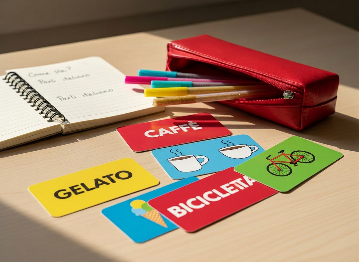 A playful arrangement of brightly colored Italian language flashcards spread across a light wooden desk, each card printed with a bold Italian word on one side and a simple illustration of the object on the other. A small spiral-bound notebook with neatly written Italian phrases lies open beside a glossy red pencil case, with gel pens spilling out. Soft morning sunlight from an unseen window washes across the surface, creating gentle shadows and subtle reflections on the smooth card finish. Shot from a slightly elevated angle with a shallow depth of field, the foreground cards are crisp while the background softly blurs. The mood is energetic, approachable, and fun, captured in clean, photographic realism with vibrant, saturated colors that invite beginners to start speaking Italian right away.