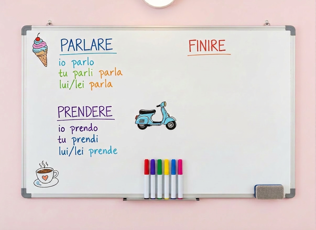 Italian lessons A close-up of a pristine dry-erase board mounted on a pale pastel wall, neatly filled with a colorful, hand-drawn Italian verb conjugation chart. Each verb is written in bold marker, with different colors for singular and plural forms, and small doodles of iconic Italian items—gelato, scooters, and espresso cups—decorating the margins. A set of bright markers and a magnetic eraser rest on the narrow board ledge. Overhead, soft, even artificial lighting illuminates the board without glare, keeping every word clear and crisp. Photographic realism with a straight-on composition and sharp focus throughout highlights the playful structure of the lesson. The atmosphere feels dynamic, organized, and light-hearted, as if the board is ready for an energetic practice session of speaking and repeating the phrases aloud.