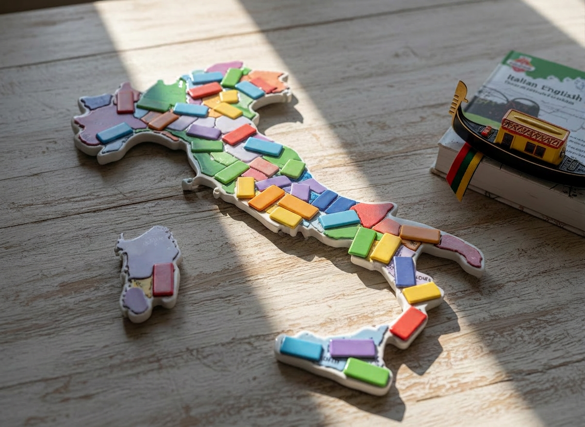 A glossy white ceramic plate in the shape of Italy’s map, placed on a rustic light-wood table, each region filled not with food but with small, colorful magnetic tiles printed with Italian words like “ciao”, “grazie”, and “veloce”. A compact, brightly colored Italian dictionary lies slightly open nearby, with a playful bookmark peeking out. Sunlight from a nearby window creates a bright, cheerful patch of light across the center of the plate, leaving the edges in softer shadow. Photographic realism with a slightly elevated, three-quarter angle emphasizes the contours of the plate and the texture of the magnets. The mood is whimsical and educational, turning geography into a fun visual reminder that the whole country is your Italian classroom.