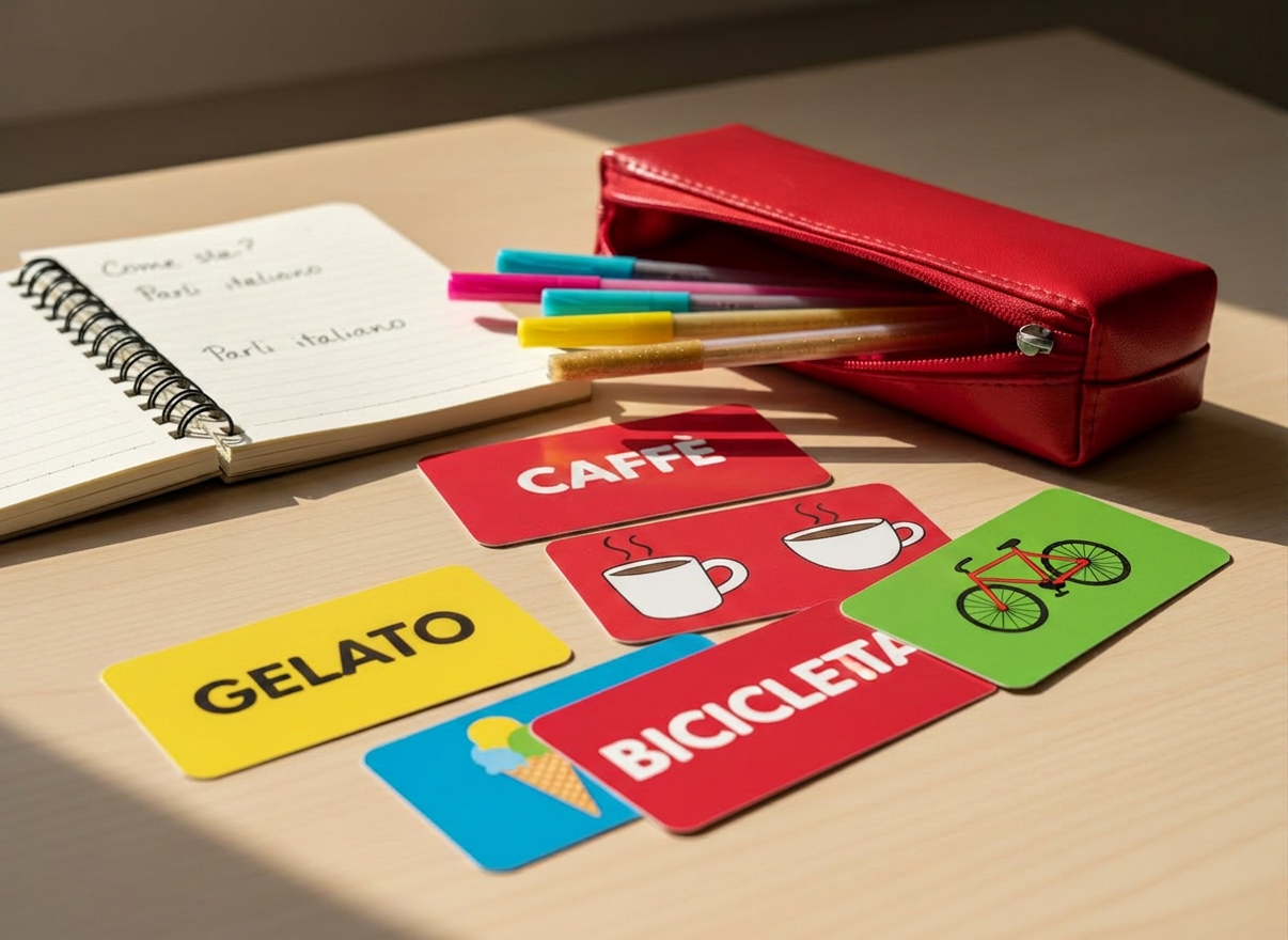 A playful arrangement of brightly colored Italian language flashcards spread across a light wooden desk, each card printed with a bold Italian word on one side and a simple illustration of the object on the other. A small spiral-bound notebook with neatly written Italian phrases lies open beside a glossy red pencil case, with gel pens spilling out. Soft morning sunlight from an unseen window washes across the surface, creating gentle shadows and subtle reflections on the smooth card finish. Shot from a slightly elevated angle with a shallow depth of field, the foreground cards are crisp while the background softly blurs. The mood is energetic, approachable, and fun, captured in clean, photographic realism with vibrant, saturated colors that invite beginners to start speaking Italian right away.